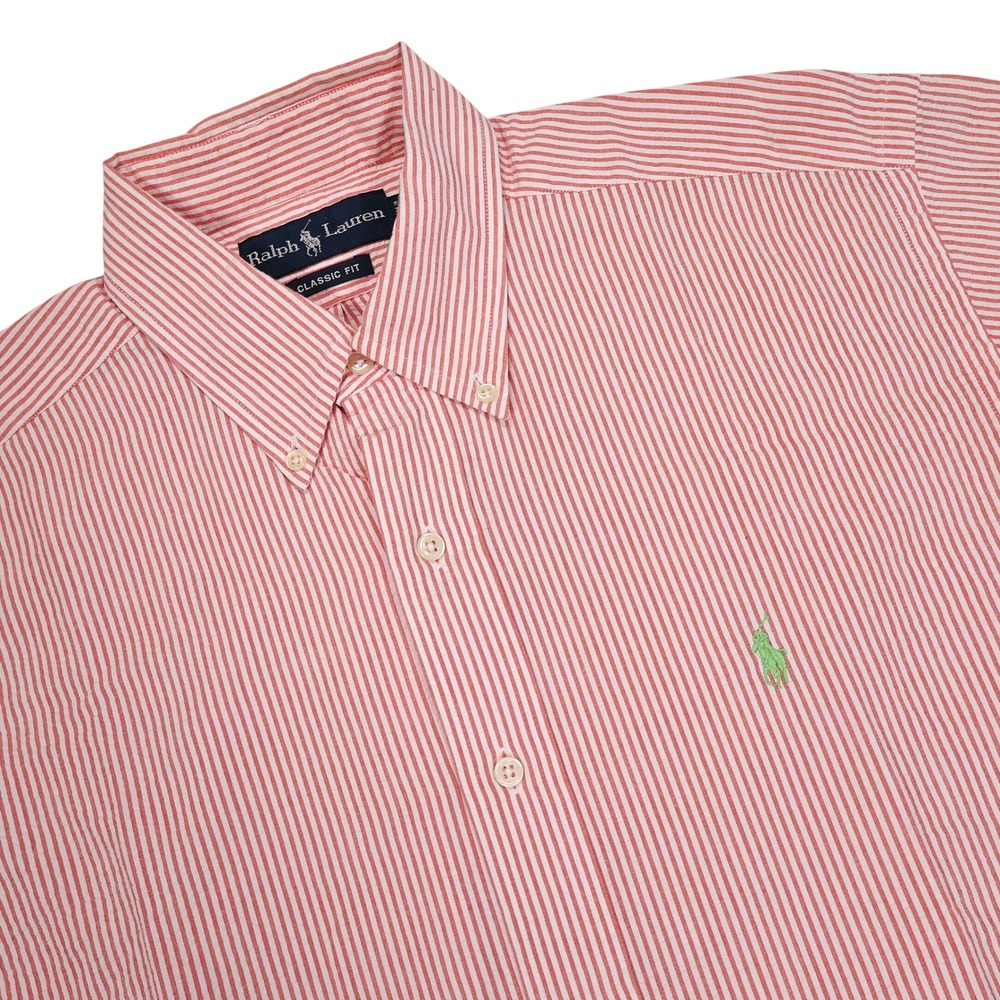 RALPH LAUREN Mens M Orange White Stripe Classic Fit Seersucker Button Down Shirt